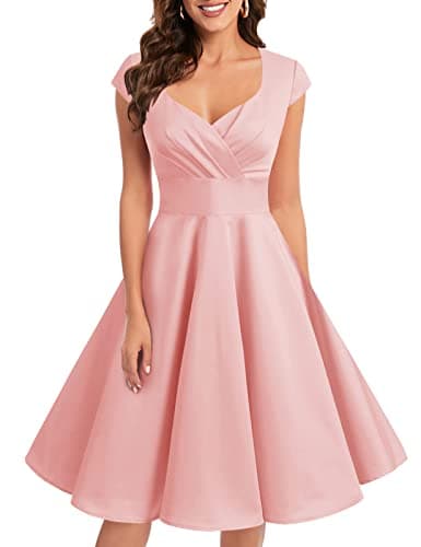 Image of bbonlinedress Women's 50s 60s A Line Rockabilly Dress Cap Sleeve Vintage Swing Party Dress Blush M
