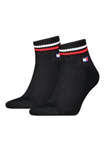 Image of Tommy Hilfiger Unisex Quarter Socks in Retro Design, Ankle High, Pack of 2, Colour: Black, Socks and Stockings: 39-42, black, 39-42