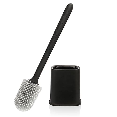 Image of Canvint Silicone Toilet Brush and Holder Set With Quick-Drying Design for Dead Corner Deep Cleaning, Flexible No-Slip Long Plastic Handle for Bathroom (Black)