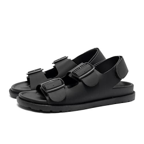 Image of Women's Adjustable Buckle Strap Leather Sandals – Open Toe Casual Summer Beach Shoes with Non-Slip Sole and Comfort Footbed (BLACK, Adult, Women, 7, Numeric, UK Footwear Size System, Medium)