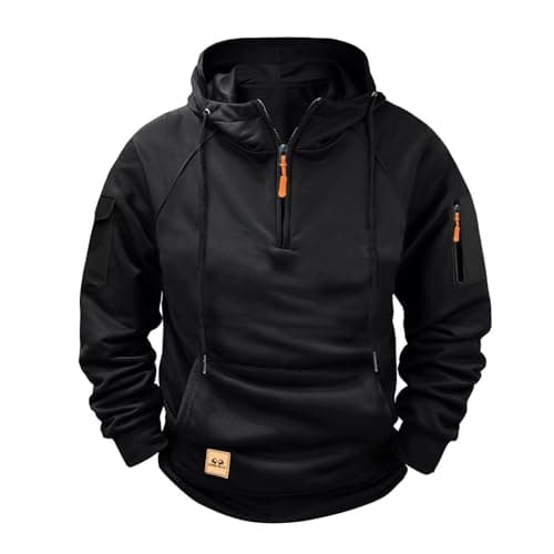 Image of Hoodies for Men,Work Jumpers Mens Fleece Lined Cargo Military Hooded Sweatshirt Patchwork Tactical Pullover Tops Winter Gym Sports Outfits Hoody Essentials Hoodies with Zip Pockets Black