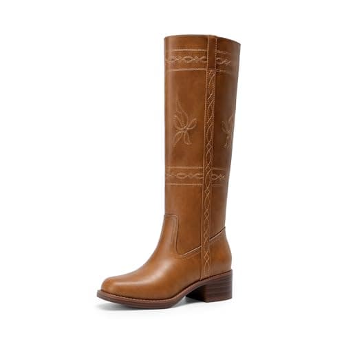 Image of DREAM PAIRS Women's Knee High Boots Pull-on Tall Shaft with Western Stitching Vintage Style Comfortable Square Toe Boots for Women,Size 5,Tan,SDKB26006W
