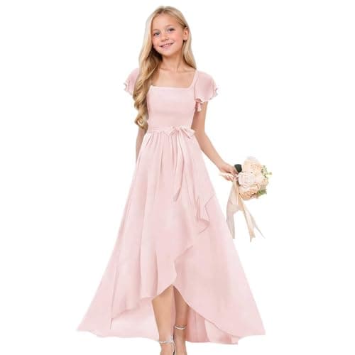 Image of Bridesmaid Dresses Flower Girl Birthday Party Wedding Ball Gown Ruffle Sleeve Flowy Formal Dress Kids Irregular Hem Maxi Sundress Summer Square Collar Skirts (Pink, 9-10 Years)