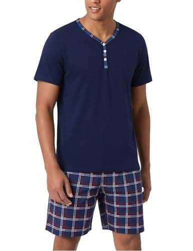 Image of Irdcomps Men's Pyjamas Set Cotton Short Sleeves Pjs Loungewear Checked 2 Piece Nightwear Soft with Pockets Summer Sleepwear for Men A-Dark Blue，XXL