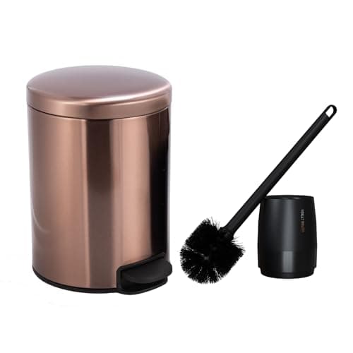 Image of ianomla 5L Bathroom Bin with Loo Brush, Rose Gold Small Round Stainless Steel Pedal Bin, Slim Kitchen Rubbish Trash Can, Garbage Dustbin with Lid and Inner Can Liner Bucket, for Narrow Space, Office