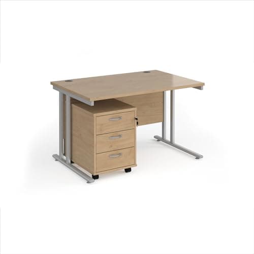 Image of Mr Office Maestro 25 straight desk - with silver cantilever frame and 3 drawer pedestal, Kendal Oak, 1200