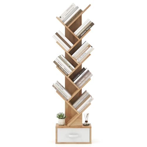 Image of COSTWAY Tree Bookshelf, 10-Tiers Floor Standing Wooden Bookcase Storage Shelving Unit, Narrow Magazine Book Display Rack for Living Room, Bedroom and Office (Natural, with Drawer)