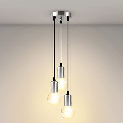 Image of EMKE Industrial Pendant Light, Chrome Retro Ceiling Light 3-Light E27 Holder Vintage Light DIY Hanging Lights with Adjustable Wires for Living Room Coffee Shop Hotel Hallway Bar (Bulb not Included)