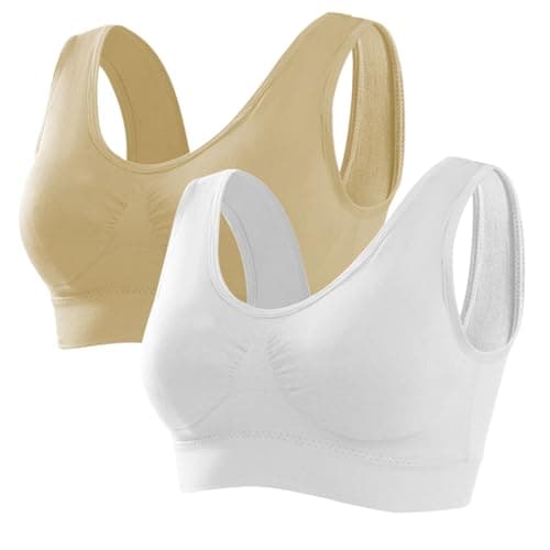 Image of Memoryee Sports Bras Women 2 Pack Set Plus Size for Large Breasts Non Wired Inserts Washable Padded Push Up Multipack Vest Crop Top for Yoga Running Jogging Gym White+Beige L