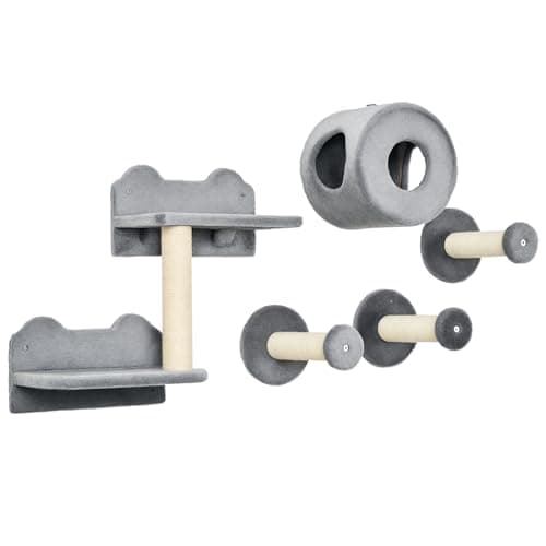 Image of PawHut 5Pcs Cat Wall Furniture with Perch, Cat Condo, Scratching Post - Grey