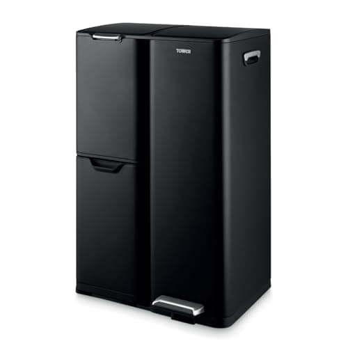 Image of Tower Recycling Pedal Bin, Three Individual Compartments with Removable Inner Buckets, Carbon Steel Body, 60L, Black