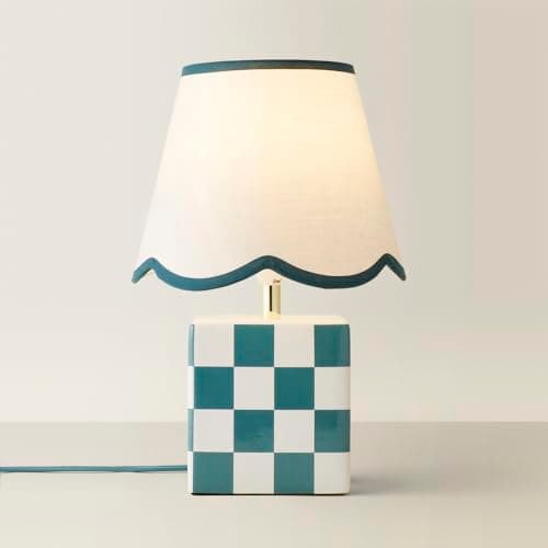 Image of ValueLights | Forest Green Cube Checkered Base Ceramic Table Lamp with Scallop Tapered Lampshade Bedside Light - LED Bulb Included | Table Lamps & Home Improvements Essential