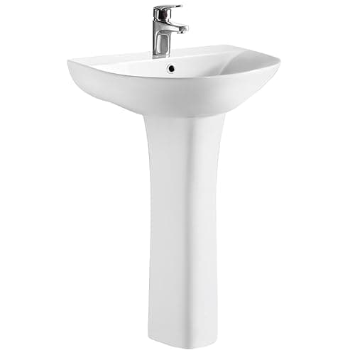 Image of Balterley 547mm Bathroom Sink, Full Pedestal Ceramic Round Bowl Bathroom Wash Basin Sink with Overflow, 1 Tap Hole, Floor Standing Basin Sinks for Cloakroom - 547 x 460 x 825mm (White)