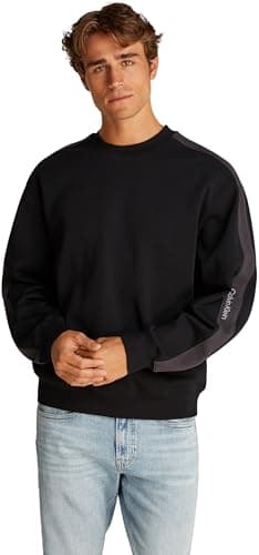 Image of Calvin Klein Men’s Crew Neck Logo Tape Relaxed Fit Sweatshirt, Black (Ck Black), XXS