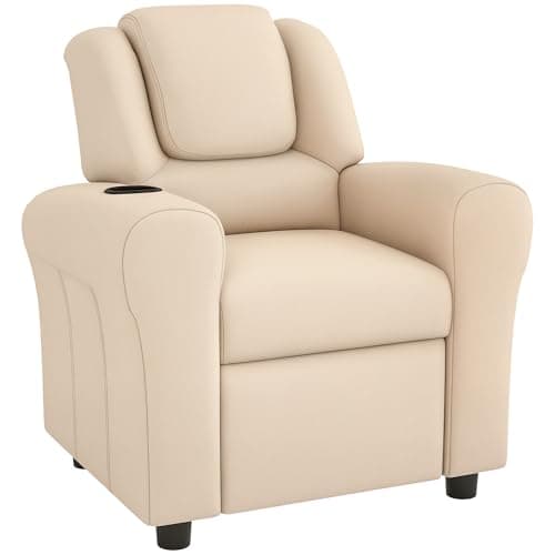 Image of HOMCOM Kids Recliner, PU Leather Kids Armchair, Child Chair, Toddler Armchair with Adjustable Backrest, Footrest, Padded Headrest, Cup Holder, Beige