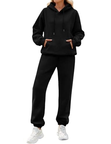 Image of CMTOP Tracksuit Womens Full Set 2 Piece Outfits Lounge Wear Sets Fleece Co Ord Sets Warm Airport Leisure Suits Y2k Hoodies Jogger Sweatpants Set Gym Activewear Autumn Winter(Black,L)