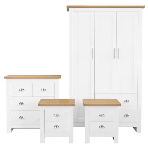 Image of Blisswood Bedroom Furniture Sets with 3 Door Wardrobe & 2+2 Drawer Chest of Drawers + 2 Drawer 2 Bedside Table Bedroom Set for 4 Piece Bedroom Storage furniture (White & Oak)