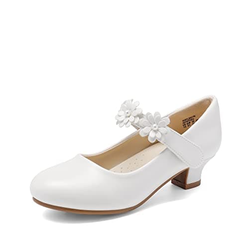 Image of DREAM PAIRS Girls Mary Jane Shiny Bow Dress Shoes Pumps Low Heels Flower Glitter Party Wedding Princess,Size 2 Big Kid,White,SDFL2317K