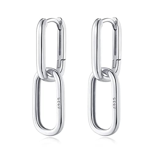 Image of Reffeer 925 Sterling Silver Double Ring Hoop Earrings Huggie for Women U Hoop Earrings Square Hoop Chain Link Earrings