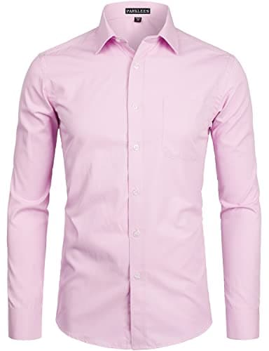 Image of PARKLEES Men's Long Sleeve Dress Shirt Solid Slim Fit Casual Business Formal Button Up Shirts with Pocket Pink M