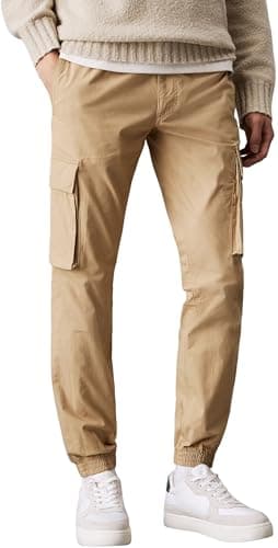 Image of Calvin Klein Men’s Skinny Fit Cargo Trousers with Pockets, Beige (Travertine), 36W
