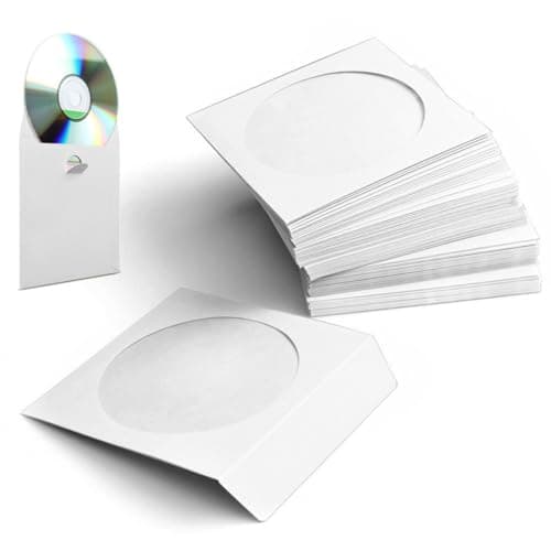 Image of Flexzion DVD CD Sleeves 100 Pack - Paper CD Sleeves for Blank CDs for Burning Music Movie Video Game Disc - Thick Disc Sleeve CD Envelopes Storage with Window Cutout and Flap, White