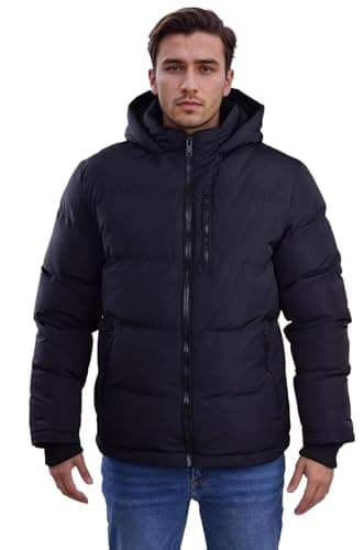 Image of Spindle Mens Plain Black Fleece Lined Hooded Quilted Padded Puffer Jacket Insulated Warm Outdoor Coat Zip Pockets Inside Pocket Fleece Lined Pockets. Best for Autumn and Winter Black XXXL