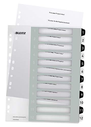 Image of Leitz WOW Printable Index, Extra-Wide, 1-12 Numbered Tabs, PP, A4, White/Black, 12160000