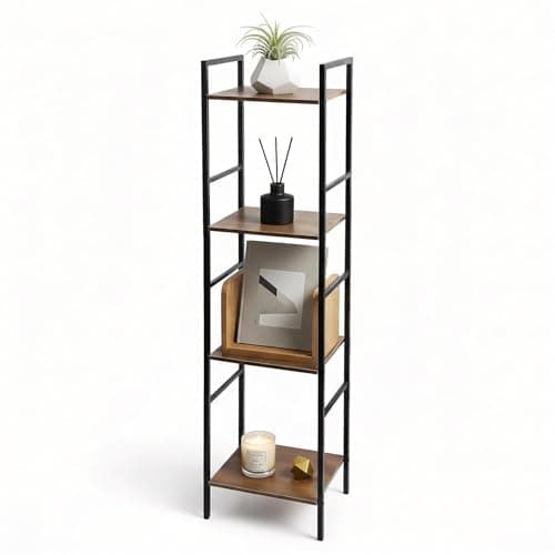 Image of GEEZY 4 Tier Tall Bookcase Shelving Unit - Narrow Metal & Wood Storage Display Cabinet - Industrial Freestanding Shelf Rack Holder for Plants & Decorations in Living Room, Kitchen, Hallway or Office