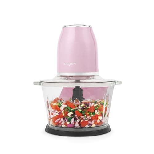 Image of Salter Retro Pink Food Chopper - Electric 1.2 Litre, 2 Speed Settings, Dual Stainless Steel Blades, Anti-Slip Base, Make Dips, Salsa, Dressings, Fruit, Hummus & More, Baby Food Blender, 500 W