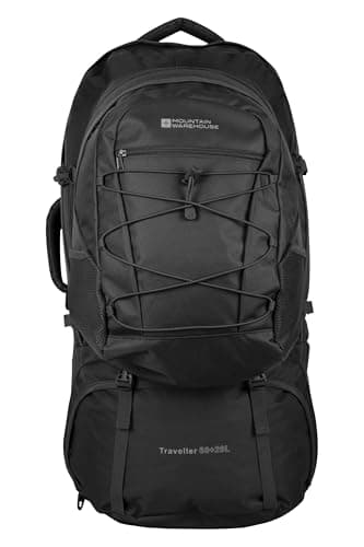 Image of Mountain Warehouse Traveller 60L + 20L Rucksack - Large Backpack with Rain Cover, Detachable Daypack, Adjustable Back Support Travel Bag - For Camping, Hiking, Trekking Black One Size