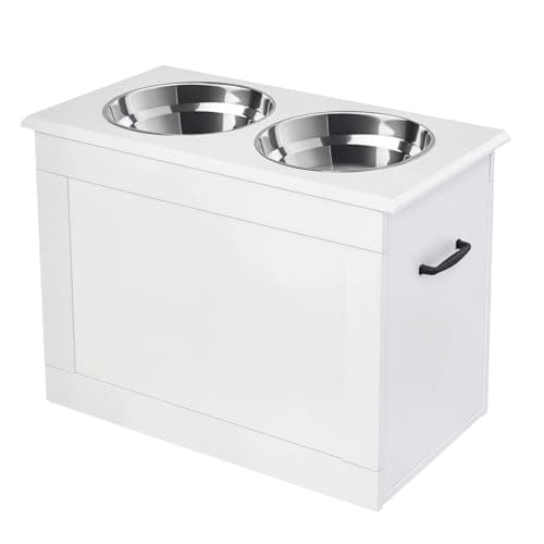 Image of PawHut Raised Dog Bowls, Pet Feeding Storage Station with Two Stainless Steel Bowls, Base, for Large Dogs, White