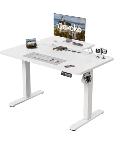 Image of Devoko 120 x 60cm Standing Desk with Monitor Stand, Height Adjustable Electric Standing Desk, Stand Up Table for Home Office with 2 Memory Smart Pannel (White)