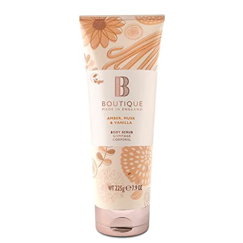 Image of Boutique Amber, Musk & Vanilla Fragrance Body Scrub, 225ml Exfoliating Body Scrub, Refreshing - Essential Oils - Vegan and Cruelty Free, No SLS or Parabens - Made In England