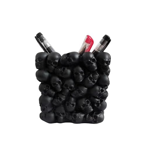 Image of RURUOGUK Skull Pen Pencil Holder Makeup Brush Holder Toothbrush Holder Flower Pot Key Storage Resin Skeleton Home Office Halloween Decor (Black)