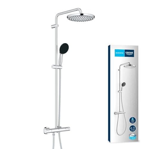 Image of GROHE Vitalio Start 250 – Exposed Thermostatic Shower with Aquadimmer Function (Round 25 cm Head 1 Spray: Rain, Round 11cm Hand Shower 2 Sprays: Rain & Jet, Water Saving), Chrome, 26677001
