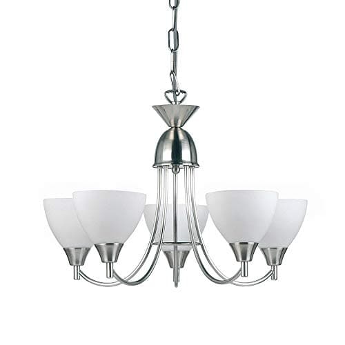 Image of National Lighting Andy Decorative 5 Way Satin Chrome Branch Arm Pendant Ceiling Light with Matt Opal Glass Shades