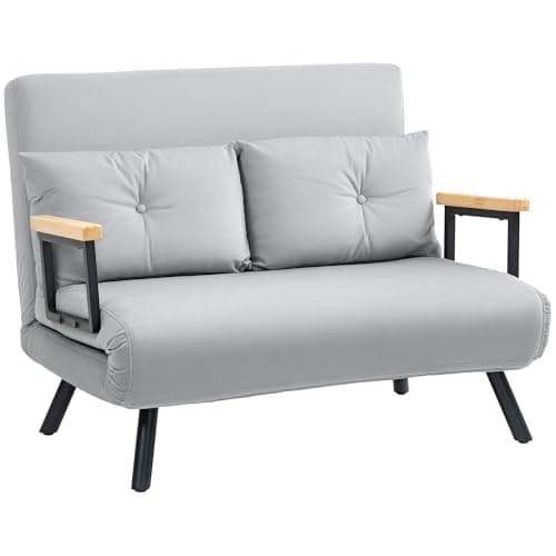 Image of HOMCOM 2 Seater Sofa Bed, Click Clack Convertible Bed Settee, Modern Velvet Feel Fabric Sofa Couch with 2 Tufted Cushions, Wood Armrests for Living Room, Bedroom, Guest Room, Light Grey