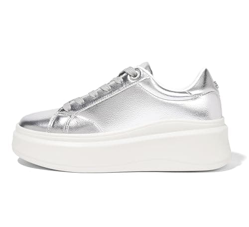 Image of LUCKY STEP Women's Platform Fashion Sneakers Faux Leather Classic Tennis Shoes Low Top Casual Walking Shoes (Silver, 8US-38EU-5UK)