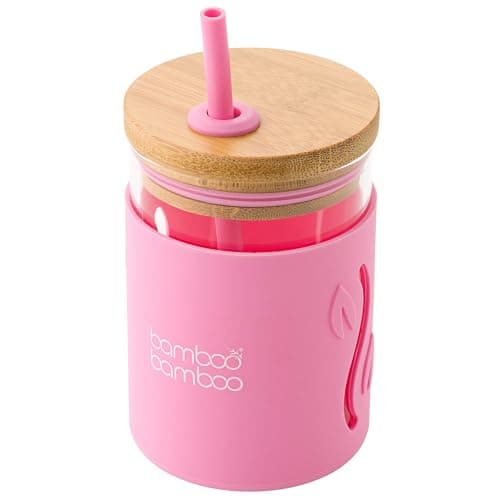 Image of bamboo bamboo Sippy Cup, Straw Cups for Toddlers, Glass Jar with Bamboo Lid & Silicone Impact Sleeve, Perfect for Drinks & Smoothies, 350ml Capacity Baby Cup for Transitioning Toddlers (Pink)