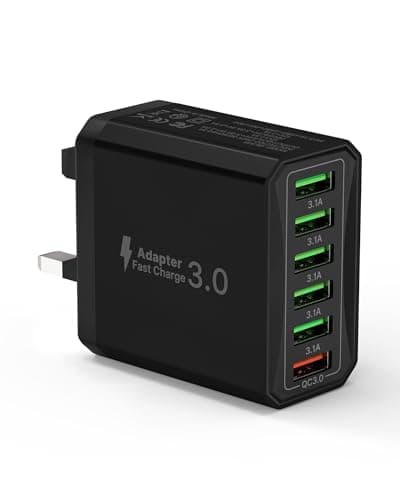 Image of 33W USB Plug Fast Charge, 6-Port Multi Charger Plug UK Charging Plug Power Adapter Multiple Quick Charge 3.0 Wall Plug for iPhone 16 15 14 13 12 11 Pro Max XR XS 8 Plus, iPad, Samsung, Handy