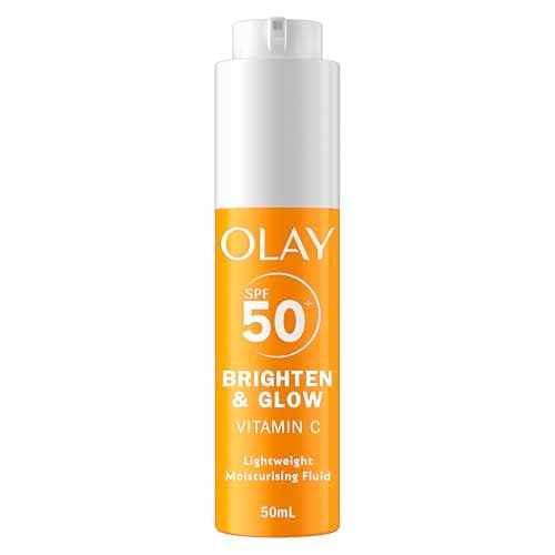 Image of Olay Vitamin C Brighten & Glow 3in1 Moisturising Fluid SPF50+ Hydrating Skincare Moisturiser and Primer with Niacinamide. Hydration, Glow, UV Protection, Corrects Dark Spots 50ml