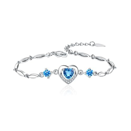 Image of CERSLIMO Silver Bracelets for Women - 14k White Gold Cubic Zirconia Heart Charm Bracelet, Heart Link Bracelets for Girls Ladies with Blue Crystal | Jewellery Set Wedding Gifts Birthday Christmas