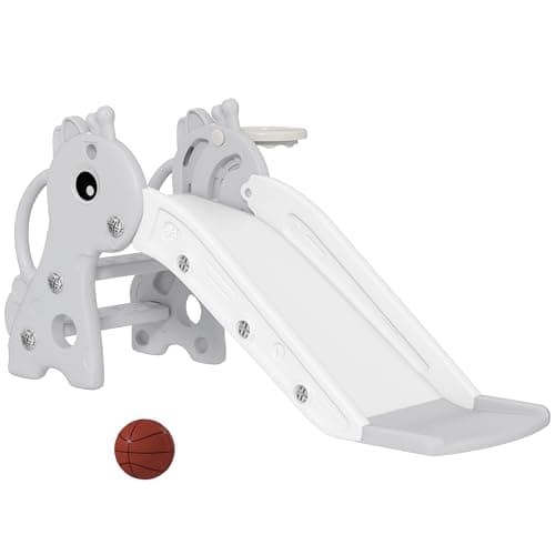 Image of AIYAPLAY 3 in 1 Kids Slide, Giraffe Shape Toddler Slide with Climber, Basketball Hoop and Ball, Indoor Playground Equipment for Age 1-3, Grey