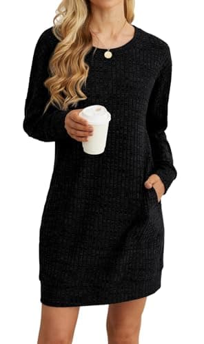 Image of PrinStory Women Jumper Dress Long Sleeves Causal Basic Mini Dress With Pockets Loose Knitted Pullover Tunic Sweatshirt For Women (Black, M)