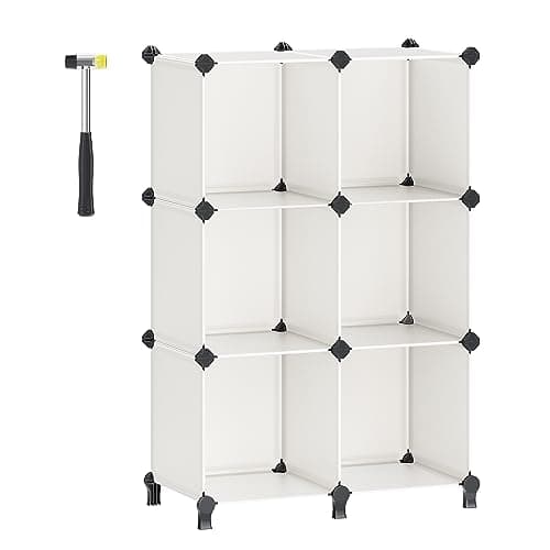 Image of SONGMICS 6 Cube Storage Unit, Modular Plastic Cube Storage Organiser with Feet, Shoe Rack, Each Cube 30 x 30 x 30 cm, Living Room, Bedroom, Study, with Rubber Mallet, Cream White LPC111M01