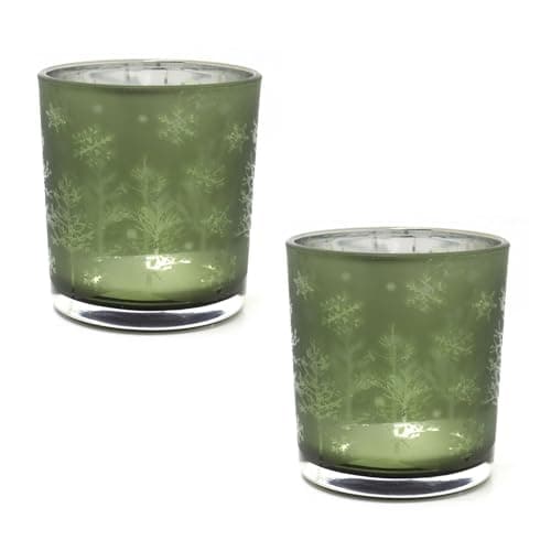 Image of Carousel Home Pack of 2 Frosted Tree Green Glass Christmas Tealight Holders | Silhouette Frosted Glass Christmas Candle Holders | Xmas Tea light Votive Pots Candle Gifts - 8cm