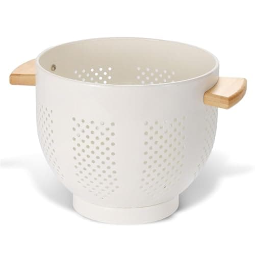 Image of beifeier Metal Colander for Kitchen with Wooden Handle and Sturdy Base, 5.5 Quart Large Strainer for Draining Pasta Vegetable Fruit, Durable Kitchen Essentials (Cream)