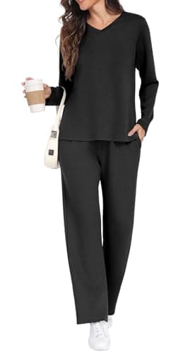 Image of GRECERELLE Tracksuit Womens Full Set Lounge Wear Sets for Women Autumn Long Sleeve Two Piece Outfits Pullover Tops Casual Activewear V Neck and Jogging Bottoms with Pockets (Black, M)