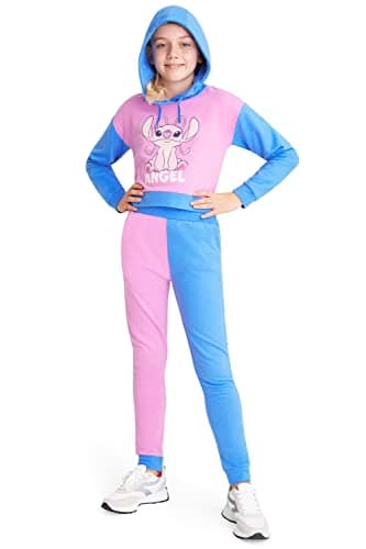 Image of Disney Stitch Girls Tracksuit 2 Piece Cropped Hoodie or Sweatshirt and Joggers Girls Teenagers 4-15 Years Stitch Gifts (Pink/Blue, 4-5 Years)